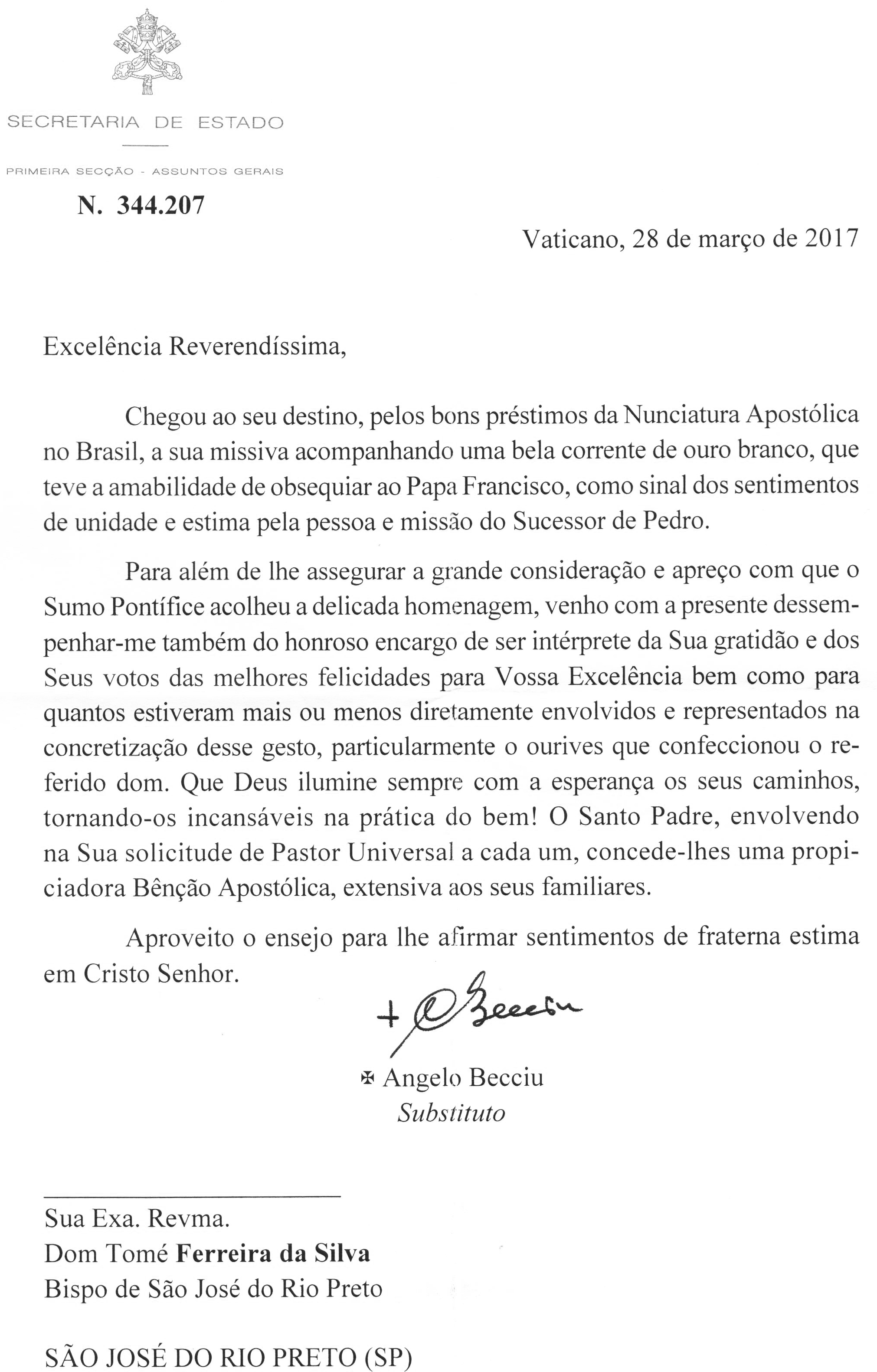 Santa Sé envia carta de agradecimento à Diocese de São José do Rio Preto