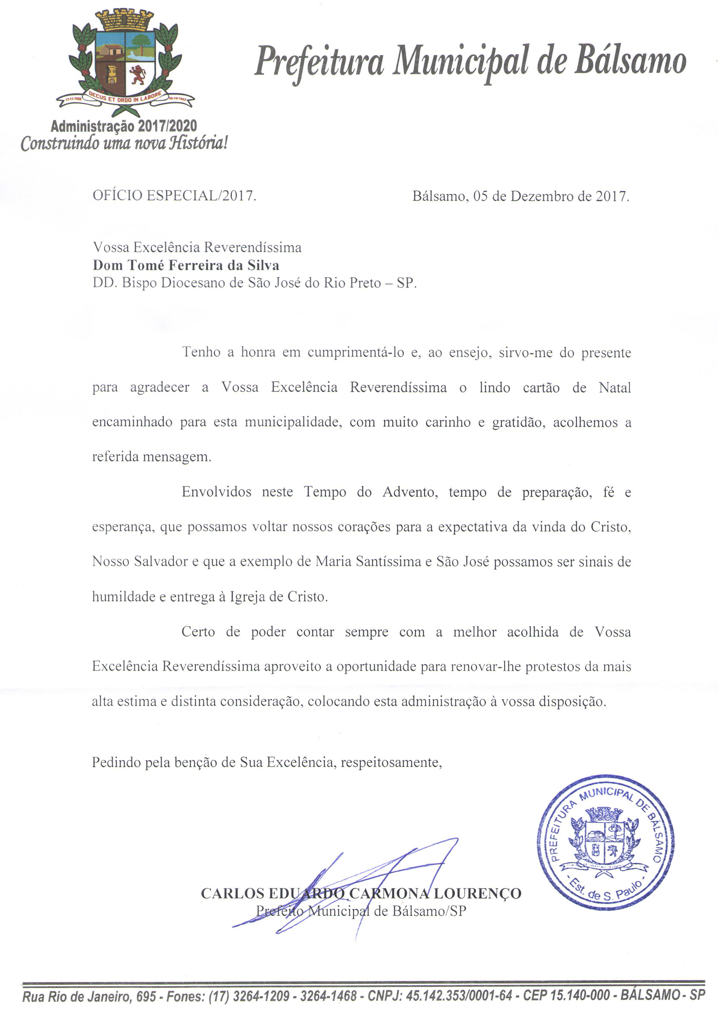 Prefeitura Municipal de Bálsamo envia carta de agradecimento a dom Tomé