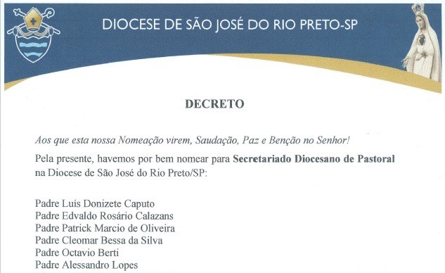 DECRETO: nomeação do Secretariado Diocesano de Pastoral